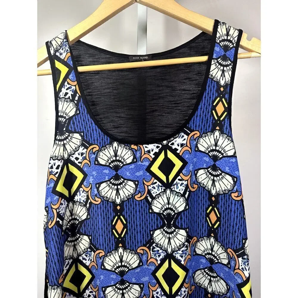 RIVER ISLAND Women's Fan Print Scoop Neck Sleeveless Top Blue Size 8